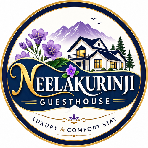 Neelakurinji Guesthouse crest logo, featuring purple neelakurinji flowers and a mountain guesthouse